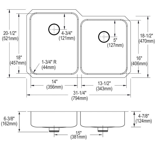 Elkay Lustertone Classic Stainless Steel, 31-1/4" x 20-1/2" x 4-7/8", Double Bowl Undermount ADA Sink w/Perfect Drain