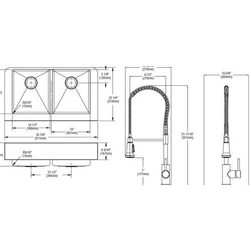 Elkay Crosstown 18 Gauge Stainless Steel 35-7/8" x 20-1/4" x 9", Equal Double Bowl Farmhouse Sink & Faucet Kit with Aqua Divide & Drain