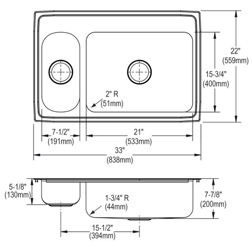Elkay Lustertone Classic Stainless Steel 33" x 22" x 7-7/8", 1-Hole 30/70 Double Bowl Drop-in Sink