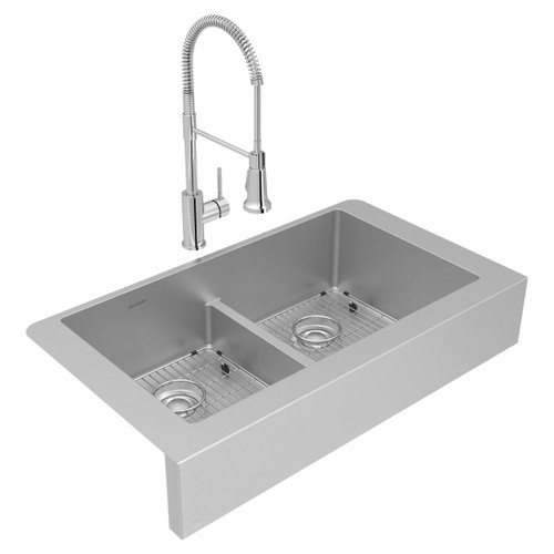 Elkay Crosstown 18 Gauge Stainless Steel 35-7/8" x 20-1/4" x 9", Equal Double Bowl Farmhouse Sink & Faucet Kit with Aqua Divide & Bottom Grid & Drain
