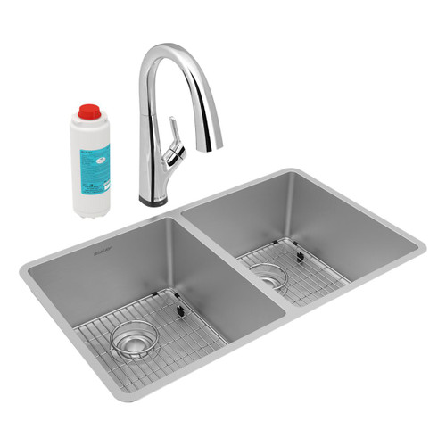 Elkay Crosstown 18 Gauge Stainless Steel 31-1/2" x 18-1/2" x 9", Equal Double Bowl Undermount Sink Kit with Filtered Faucet