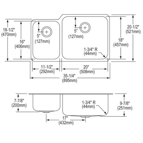 Elkay Lustertone Classic Stainless Steel, 35-1/4" x 20-1/2" x 9-7/8", Offset 40/60 Double Bowl Undermount Sink