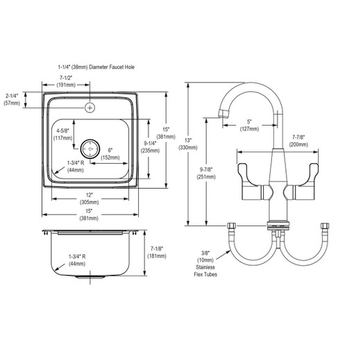Elkay Lustertone Classic Stainless Steel 15" x 15" x 7-1/8", 1-Hole Single Bowl Drop-in Bar Sink + Faucet Kit