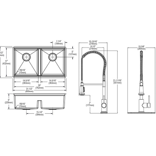 Elkay Crosstown 18 Gauge Workstation Stainless Steel, 31-1/2" x 18-1/2" x 9" Equal Double Bowl Undermount Sink & Faucet Kit with Aqua Divide