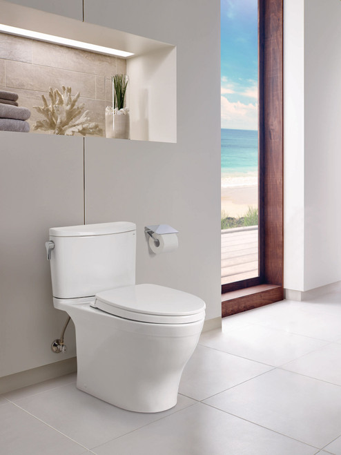 Toto Nexus Two Piece Elongated Auto Flush Washlet+ Ready Universal Height Toilet with CEFIONTECT 1.28 GPF with SS124 SoftClose Seat in Cotton White Toto Nexus Two Piece Elongated Auto Flush Washlet+ Ready Universal Height Toilet with CEFIONTECT 1.28 GPF with SS124 SoftClose Seat in Cotton White