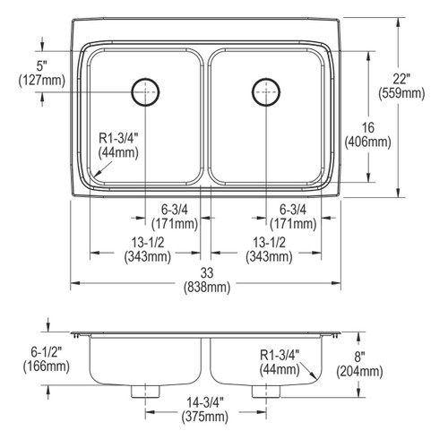 Elkay Lustertone Classic Stainless Steel 33" x 22" x 6-1/2", 4-Hole Equal Double Bowl Drop-in ADA Sink w/ Perfect Drain