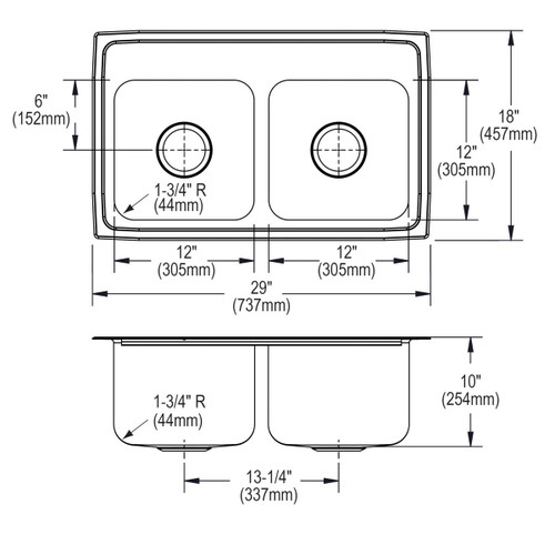 Elkay Lustertone Classic Stainless Steel 29" x 18" x 10" 2-Hole Equal Double Bowl Drop-in Sink