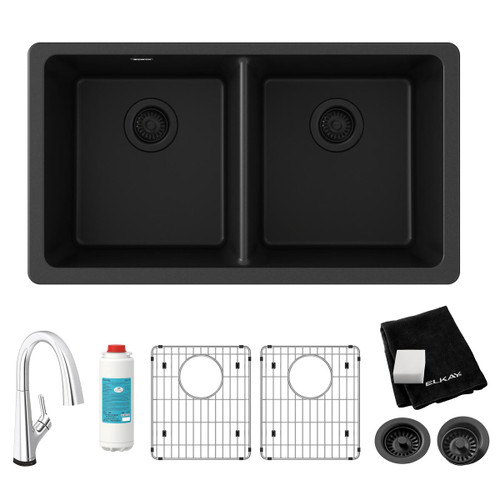 Elkay Quartz Classic 33" x 18-1/2" x 9-1/2" Equal Double Bowl Undermount Sink Kit with Filtered Faucet Black