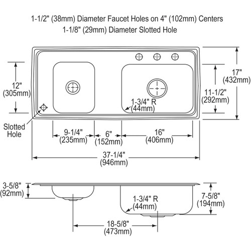 Elkay Lustertone Classic Stainless Steel 37-1/4" x 17" x 7-5/8" Double Bowl Drop-in Classroom Sink