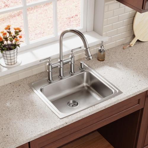 Elkay Explore Three Hole Bridge Faucet with Pull-down Spray and Lever Handles Lustrous Steel
