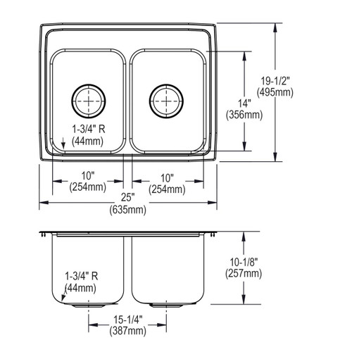 Elkay Lustertone Classic Stainless Steel 25" x 19-1/2" x 10-1/8", 1-Hole Equal Double Bowl Drop-in Sink