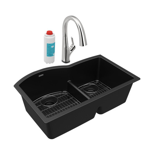 Elkay Quartz Classic 33" x 22" x 10" Offset 60/40 Double Bowl Undermount Sink Kit with Filtered Faucet with Aqua Divide Black