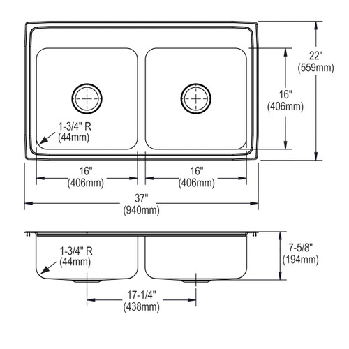 Elkay Lustertone Classic Stainless Steel 37" x 22" x 7-5/8", 0-Hole Equal Double Bowl Drop-in Sink