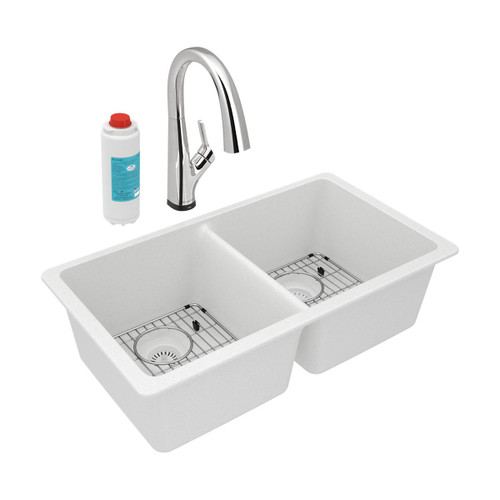 Elkay Quartz Classic 33" x 18-1/2" x 9-1/2", Equal Double Bowl Undermount Sink Kit with Filtered Faucet, White