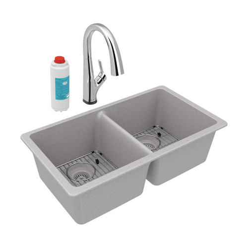 Elkay Quartz Classic 33" x 18-1/2" x 9-1/2", Equal Double Bowl Undermount Sink Kit with Filtered Faucet, Greystone