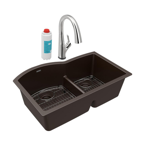 Elkay Quartz Classic 33" x 22" x 10" Offset 60/40 Double Bowl Undermount Sink Kit with Filtered Faucet with Aqua Divide Mocha