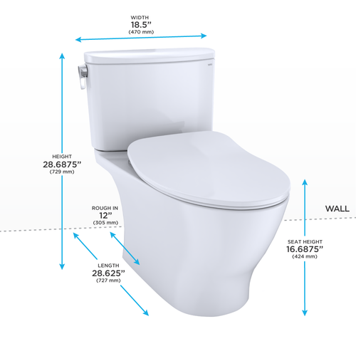 Toto Nexus Two Piece Elongated Auto Flush Washlet+ Ready Universal Height Toilet with CEFIONTECT 1.28 GPF with SS234 SoftClose Seat in Cotton White