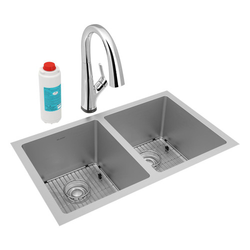 Elkay Crosstown 16 Gauge Stainless Steel, 30-3/4" x 18-1/2" x 10" Equal Double Bowl Undermount Sink Kit with Filtered Faucet