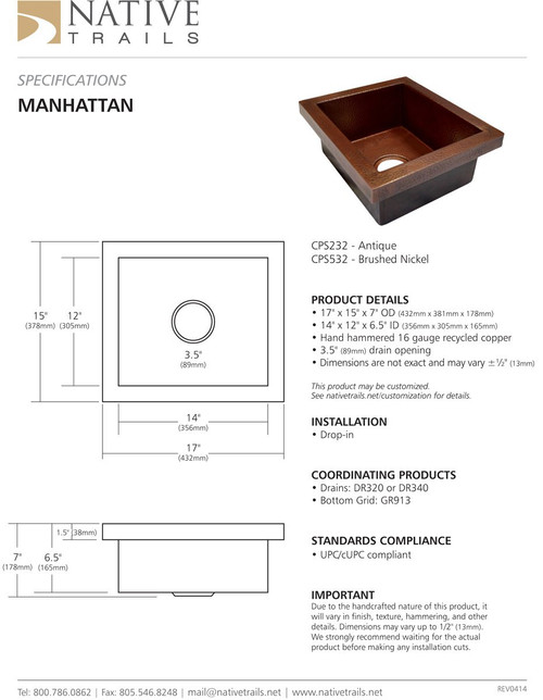 Native Trails CPS232 Manhattan Bar/Prep Sink Antique Native Trails CPS232 Manhattan Bar/Prep Sink Antique