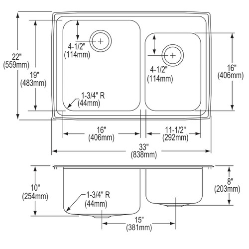 Elkay Lustertone Classic Stainless Steel 33" x 22" x 10", 2-Hole 60/40 Double Bowl Drop-in Sink