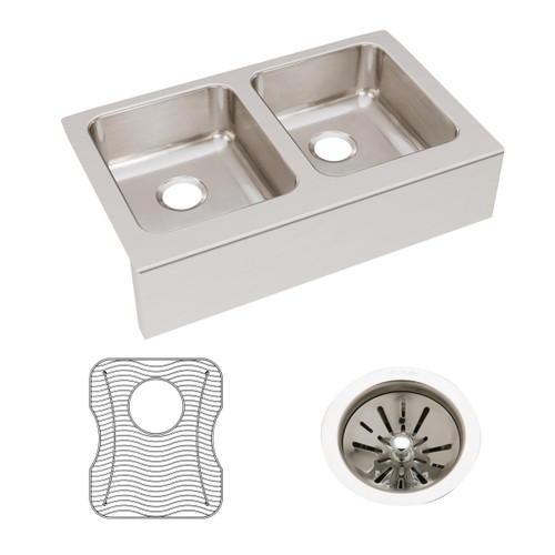 Elkay Lustertone Classic Stainless Steel 33" x 20-1/2" x 7-7/8" Equal Double Bowl Farmhouse Sink Kit