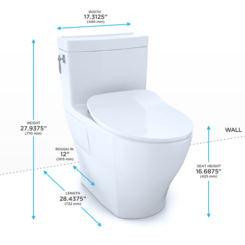 Toto Aimes One Piece Elongated Auto Flush Washlet+ Ready Universal Height Toilet with CEFIONTECT 1.28 GPF with SS234 SoftClose Seat in Cotton White