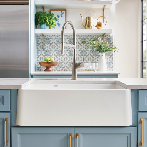 Blanco 402324: Ikon Collection 33" Apron Double Bowl Farmhouse Sink with Low Divide - White Blanco 402324: Ikon Collection 33" Apron Double Bowl Farmhouse Sink with Low Divide - White