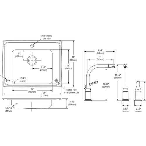 Elkay DRKAD282245RC Lustertone Classic Stainless Steel 28" x 22" x 4-1/2", Single Bowl Drop-in Classroom ADA Sink Kit