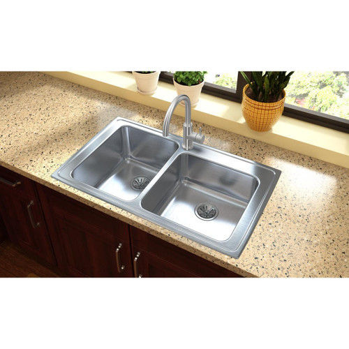 Elkay Lustertone Classic Stainless Steel 37" x 22" x 10", Offset 2-Hole Double Bowl Drop-in Sink
