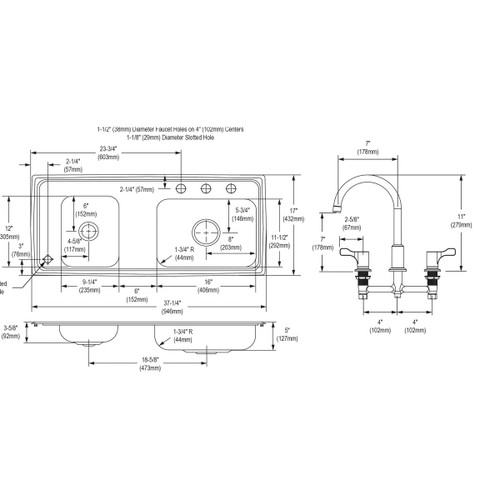 Elkay DRKAD371750LC Lustertone Classic Stainless Steel 37-1/4" x 17" x 5" Double Bowl Drop-in Classroom ADA Sink Kit