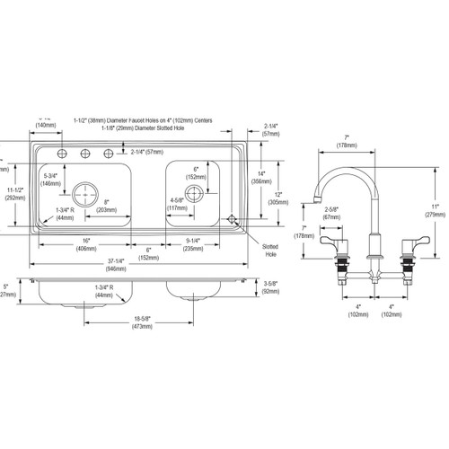 Elkay Lustertone Classic Stainless Steel 37-1/4" x 17" x 5", Double Bowl Drop-in Classroom ADA Sink Kit