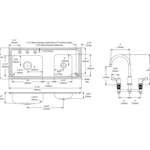Elkay DRKAD371765RC Lustertone Classic Stainless Steel 37-1/4" x 17" x 6-1/2", Double Bowl Drop-in Classroom ADA Sink Kit