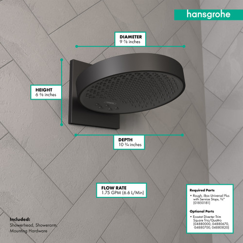 Hansgrohe 26235671 Rainfinity Shower Head 250 3-Jet with Wall Connector Trim, 1.75 GPM in Matte Black
