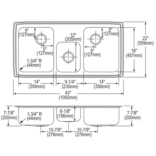 Elkay Lustertone Classic Stainless Steel 43" x 22" x 7-7/8", 6-Hole Triple Bowl Drop-in Sink