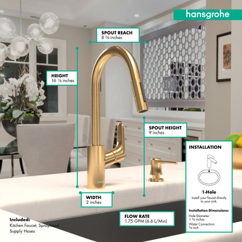 Hansgrohe 04505250 Focus High Arc Kitchen Faucet, 2-Spray Pull-Down, 1.75 GPM in Brushed Gold Optic Hansgrohe 04505250 Focus High Arc Kitchen Faucet, 2-Spray Pull-Down, 1.75 GPM in Brushed Gold Optic
