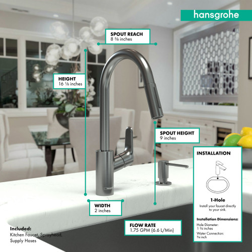 Hansgrohe 04505340 Focus High Arc Kitchen Faucet, 2-Spray Pull-Down, 1.75 GPM in Brushed Black Chrome Hansgrohe 04505340 Focus High Arc Kitchen Faucet, 2-Spray Pull-Down, 1.75 GPM in Brushed Black Chrome