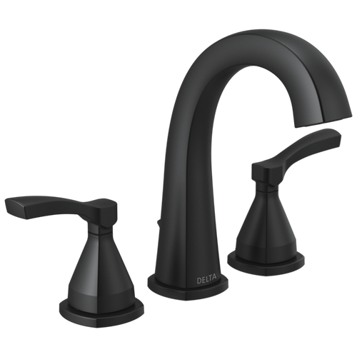 Delta Stryke Widespread Arc Faucet with Lever Handles & Metal Drain & Pop Up in Matte Black Finish - 35775-BLMPU-DST