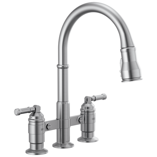 Delta Broderick Two Handle Pull-Down Bridge Kitchen Faucet in Arctic Stainless Finish - 2390L-AR-DST