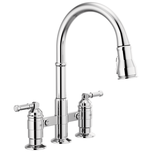 Delta Broderick Two Handle Pull-Down Bridge Kitchen Faucet in Chrome Finish - 2390L-DST
