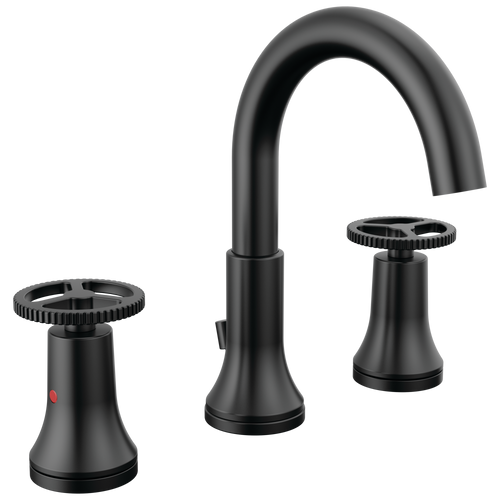 Delta Trinsic Two Handle Widespread Bathroom Faucet with Wheel Handles & Metal Drain & Pop Up in Matte Black Finish - 3558-BLMPU-DST