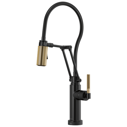 Brizo Litze SmartTouchArticulating Kitchen Faucet with Finished Hose & Knurled Handle in Matte Black/Luxe Gold Finish - 64143LF-BLGL