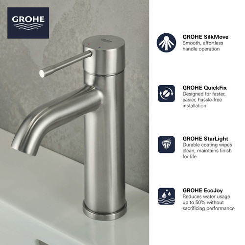 Grohe Essence 23592ENA Single Hole Single-Handle S-Size Bathroom Faucet 1.2 GPM in Grohe Brushed Nickel