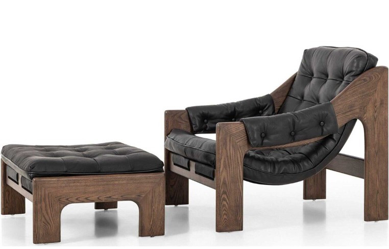 Halston Tufted Sling Chair + Ottoman + Heirloom Black Leather by Four Hands