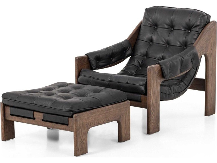 Halston Tufted Sling Chair + Ottoman + Heirloom Black Leather by Four Hands