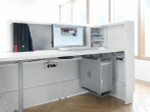 Rear view of Linea Reception Desk optional Monitor Shelf, Storage Unit, Horizontal Cable Tray by MDD