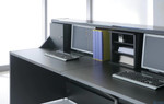 Close up rear view of Valde Reception Desk optional countertop accessories Storage Unit + Door, Monitor Shelf & Storage Unit by MDD Office Furniture