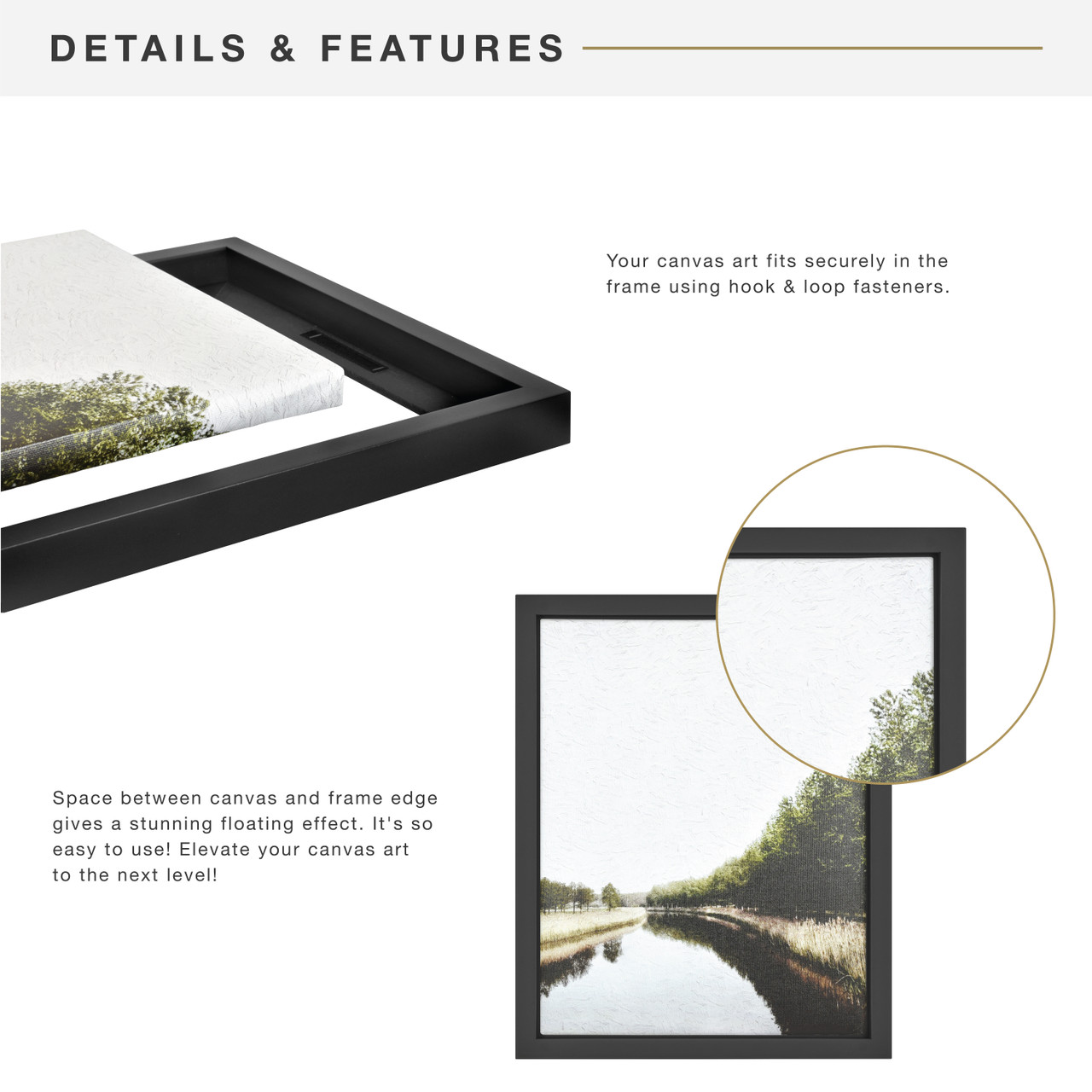 16x20 Inch Deep Floating Canvas Frame - Black & Silver, Easy-Hang Art Frame With Adhesive