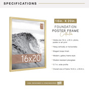 MCS Foundation 16x20 Poster Frame, Traditional Brass Photo Frame for Wall-Mounted Vertical or Horizontal Display