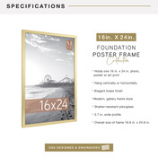 MCS Foundation 16x24 Poster Frame, Traditional Brass Photo Frame for Wall-Mounted Vertical or Horizontal Display