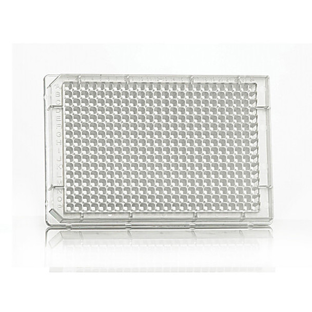 4titude 384 Well Assay Plate; 0.12ml rounded square wells; flat base; clear PS; cut corner A1/P1; 100 plates per case